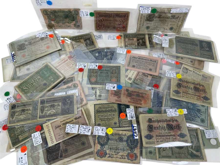 HUGE Lot Of Antique German Empire & Weimar Republic Currency Notes Collection - 659 Notes, 59 Different Types & Varieties From 1908 To 1923 Catalog Value Over $3,000