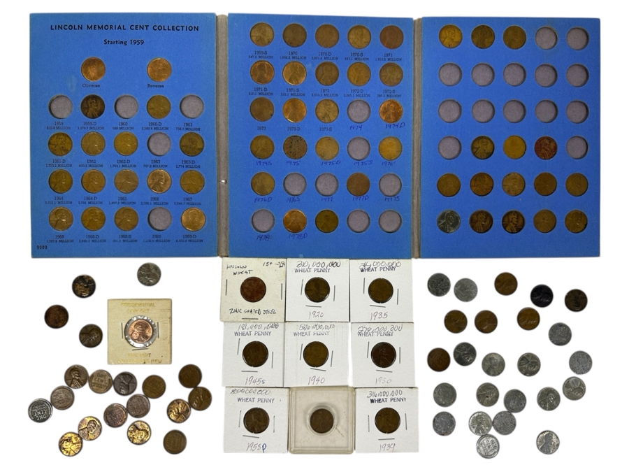 Vintage Penny Collection Featuring Lincoln Memorial Pennies, Wheat Pennies, Steel Pennies - See Photos