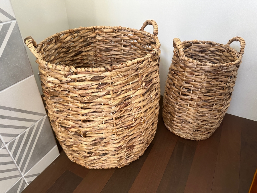 Pair Of Large Hand Woven Hyacinth Storage Baskets Larger Is 21'W X 21'H