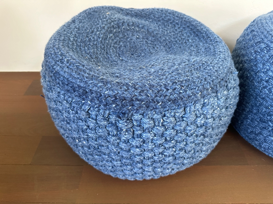 Pair Of Blue Handwoven Pouf Ottomans 20'W X 12'H [Photo 2]