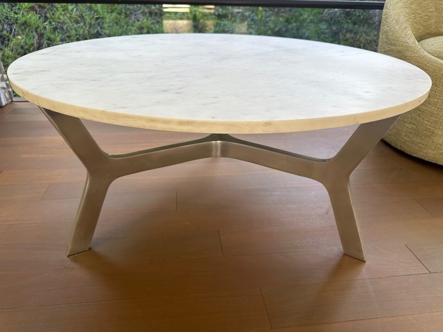 Crate & Barrel Marble Top Coffee Table With Aluminum Base 36'W X 17.5'H
