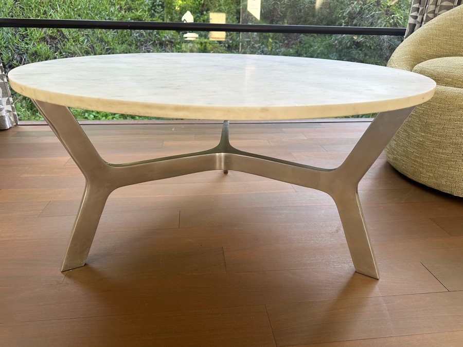 Crate & Barrel Marble Top Coffee Table With Aluminum Base 36'W X 17.5'H [Photo 3]