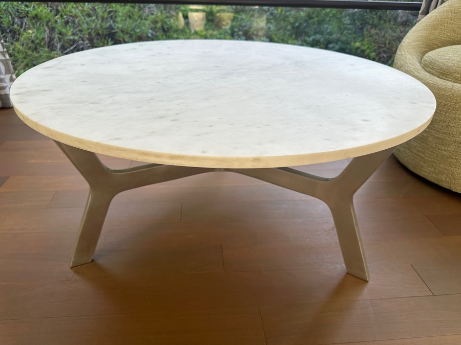 Crate & Barrel Marble Top Coffee Table With Aluminum Base 36'W X 17.5'H [Photo 2]