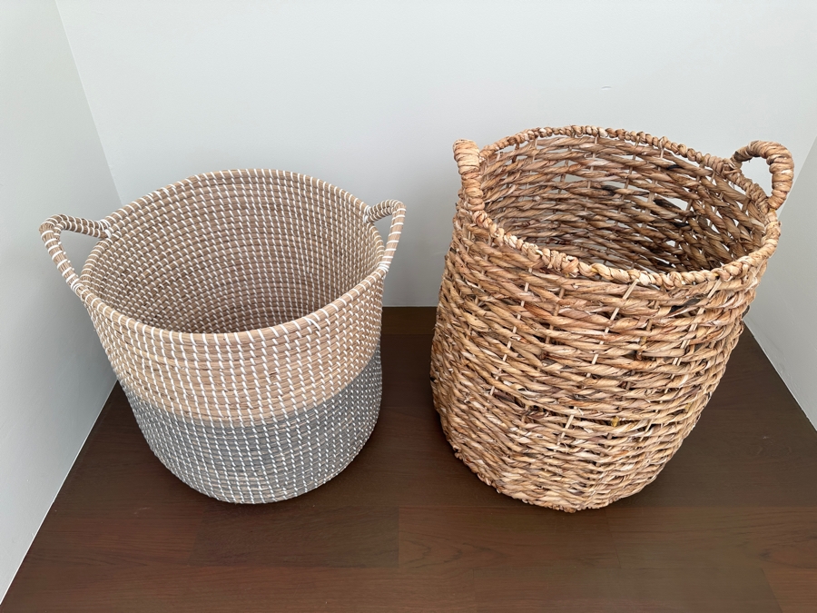 Pair Of Large Woven Storage Baskets With Handles 17'H & 21'H [Photo 2]