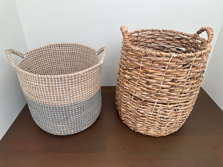 Pair Of Large Woven Storage Baskets With Handles 17'H & 21'H