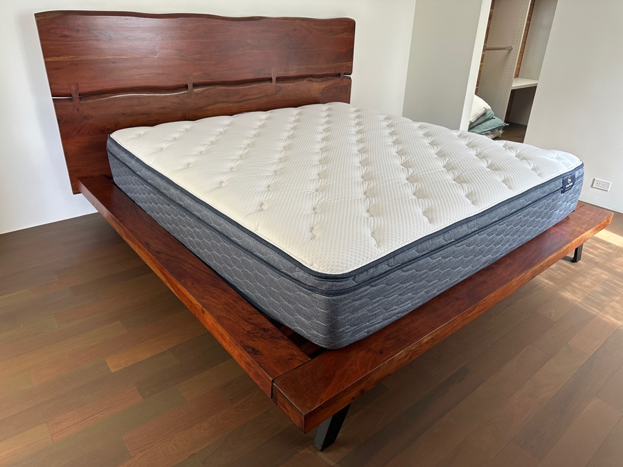 Stunning Live Edge Wooden King Size Bed With Like New Serta Sleeptrue Alverson II Plush Euro Top Mattress [Photo 2]