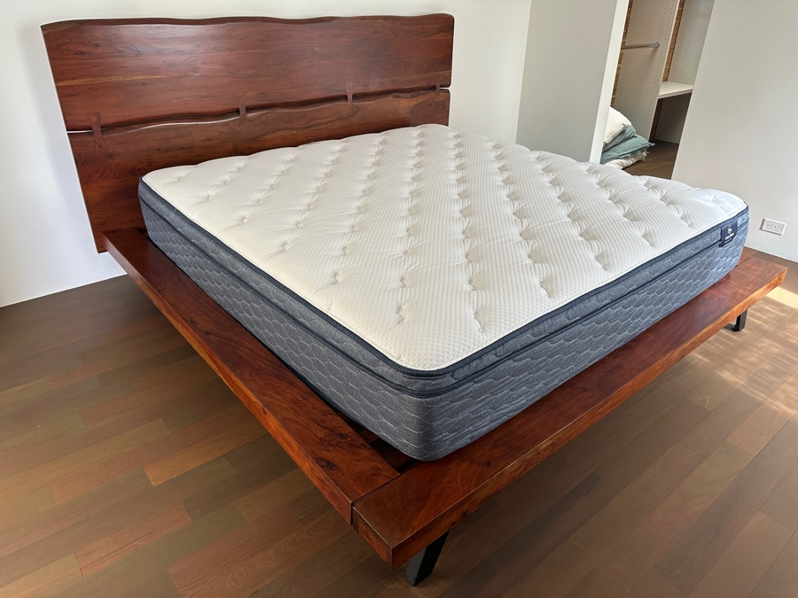 Stunning Live Edge Wooden King Size Bed With Like New Serta Sleeptrue Alverson II Plush Euro Top Mattress [Photo 3]