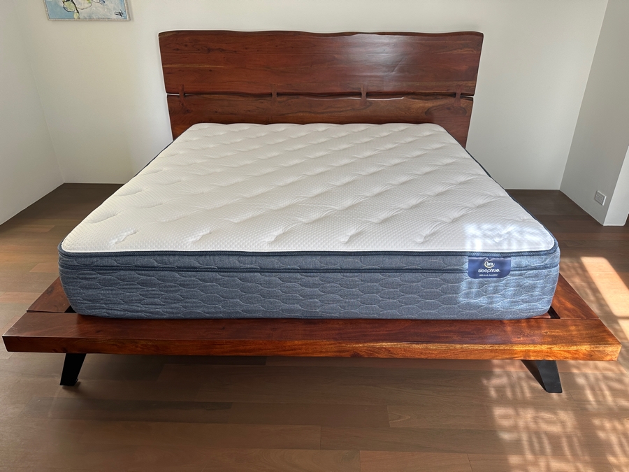 Stunning Live Edge Wooden King Size Bed With Like New Serta Sleeptrue Alverson II Plush Euro Top Mattress [Photo 6]