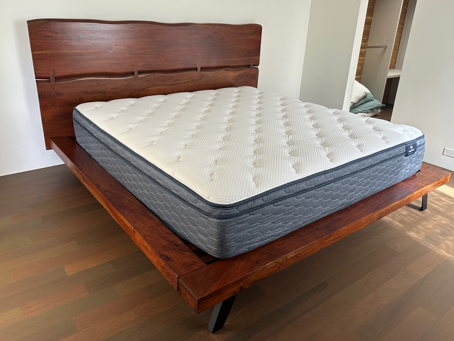Stunning Live Edge Wooden King Size Bed With Like New Serta Sleeptrue Alverson II Plush Euro Top Mattress [Photo 4]