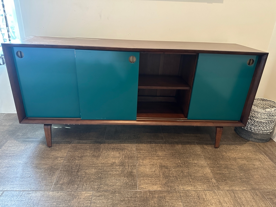 Crate & Barrel Brondby Walnut & Teal Door Credenza 66W X 17D X 30H [Photo 2]