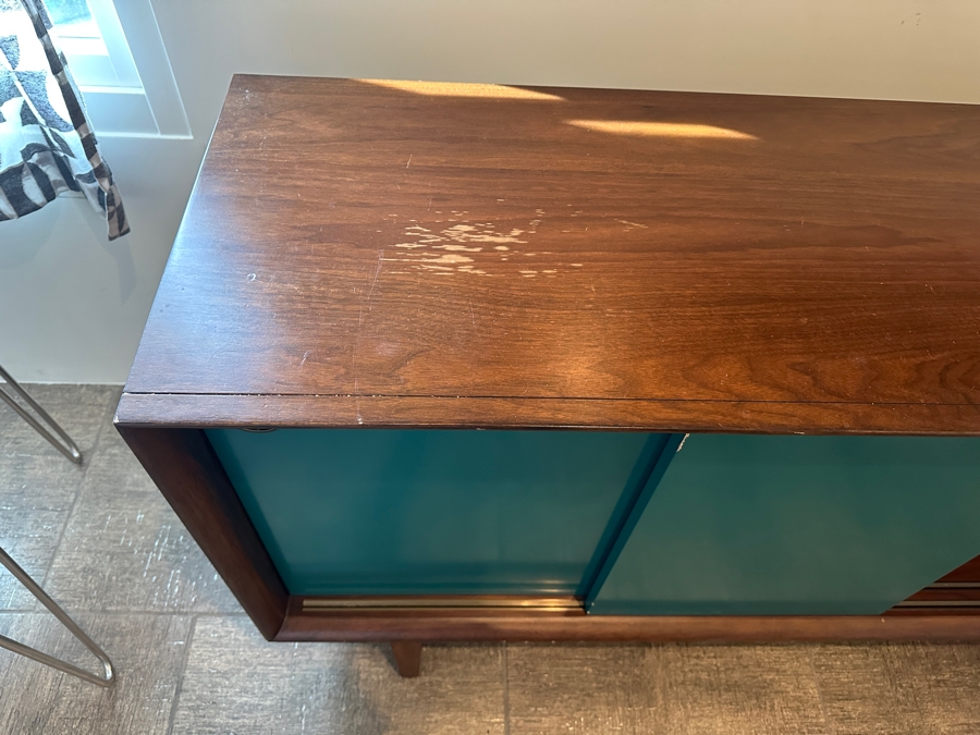 Crate & Barrel Brondby Walnut & Teal Door Credenza 66W X 17D X 30H [Photo 4]