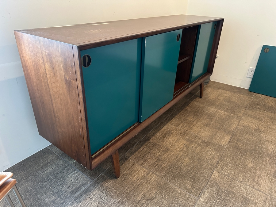 Crate & Barrel Brondby Walnut & Teal Door Credenza 66W X 17D X 30H [Photo 5]