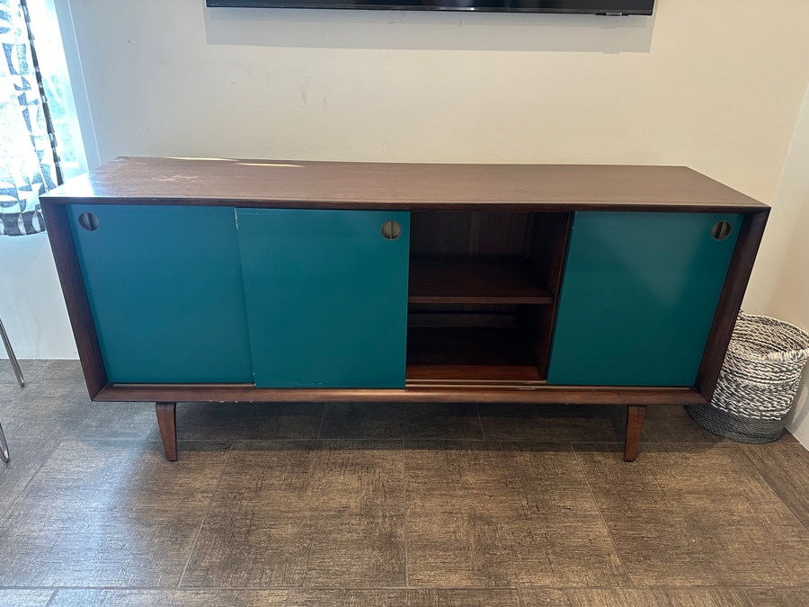 Crate & Barrel Brondby Walnut & Teal Door Credenza 66W X 17D X 30H