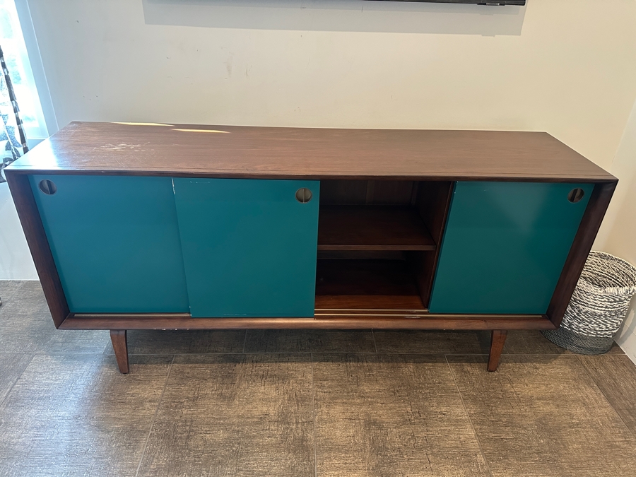Crate & Barrel Brondby Walnut & Teal Door Credenza 66W X 17D X 30H [Photo 3]