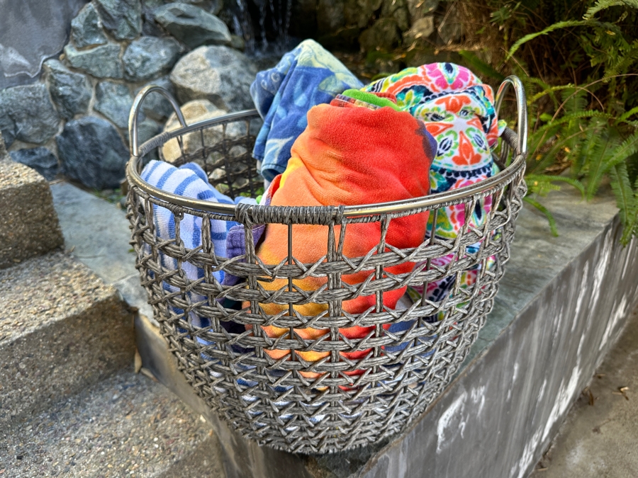Large Woven Metal Basket With Handles And Beach Towels 19W