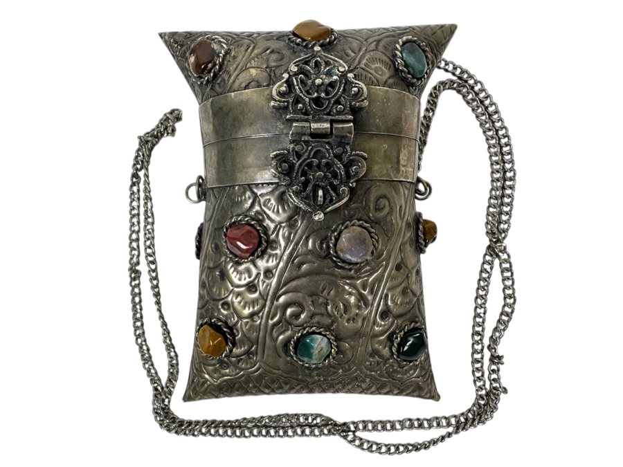 Vintage Sajai Metal Purse With Agate Stones 5.5H