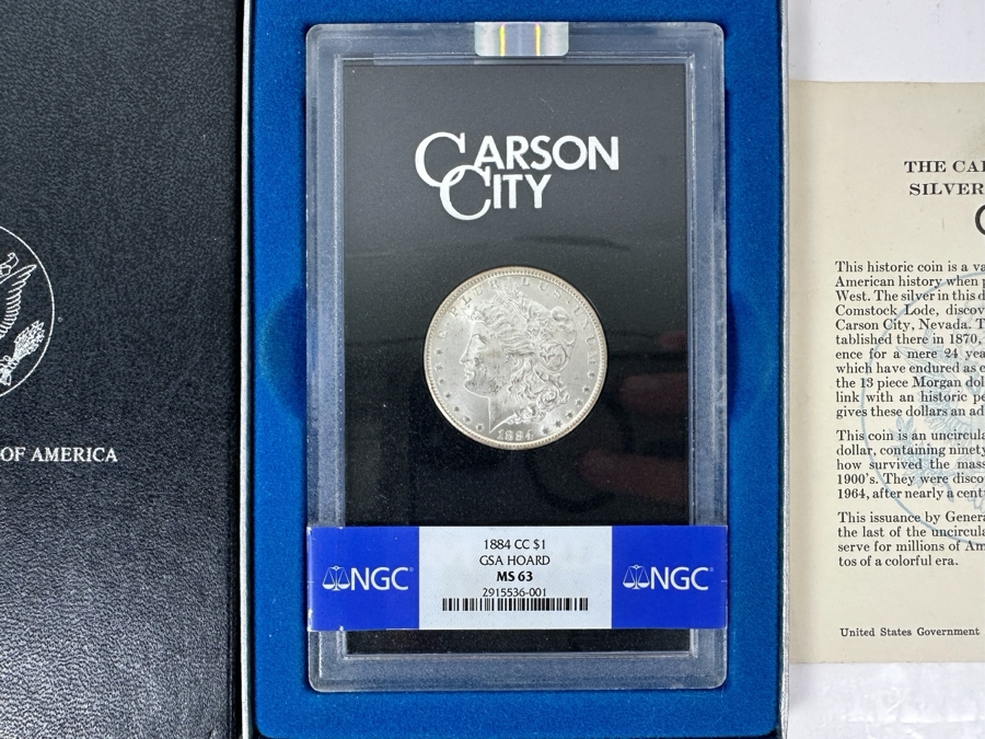 Uncirculated 1884 CC Carson City Morgan Silver Dollar From The GSA Hoard Professionally Graded By NGC MS63
