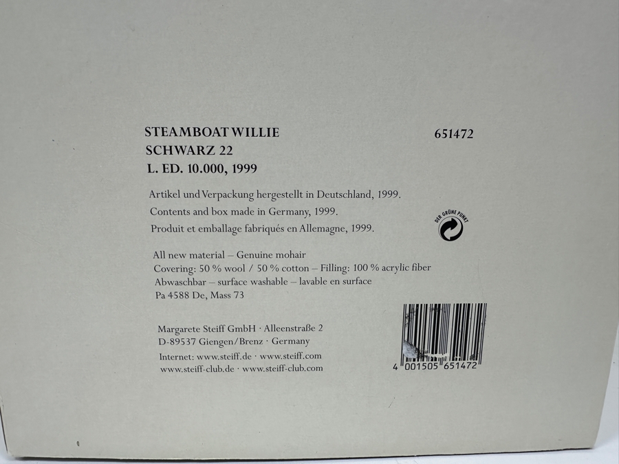 Vintage 1999 Limited Edition Steiff Mickey Mouse As Walt Disney's Steamboat Willie Disney Showcase Collection With Original Box [Photo 15]