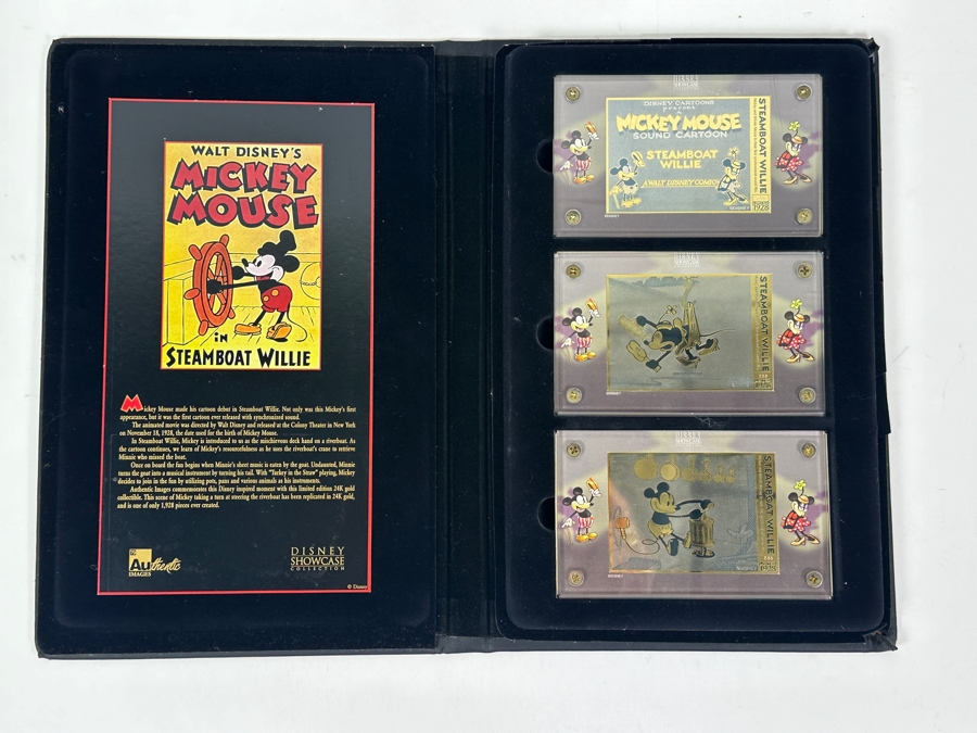 Disney Showcase Collection Authentic Images Limited Edition 24k Gold Plated Walt Disney's Mickey Mouse In Steamboat Willie Set Of Three Cards With Binder Estimate $400 [Photo 14]