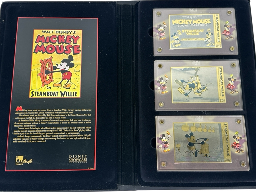 Disney Showcase Collection Authentic Images Limited Edition 24k Gold Plated Walt Disney's Mickey Mouse In Steamboat Willie Set Of Three Cards With Binder Estimate $400