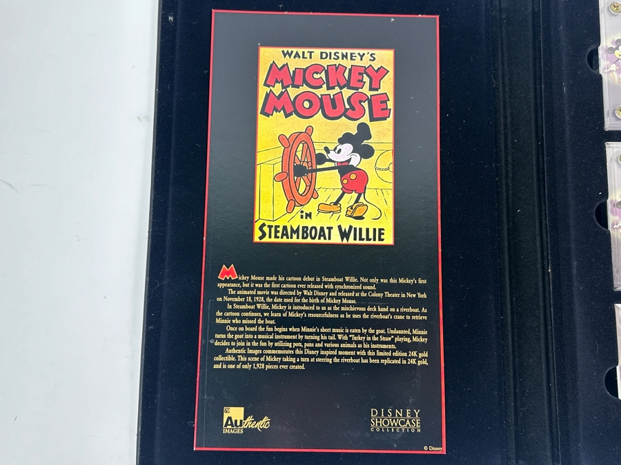 Disney Showcase Collection Authentic Images Limited Edition 24k Gold Plated Walt Disney's Mickey Mouse In Steamboat Willie Set Of Three Cards With Binder Estimate $400 [Photo 8]