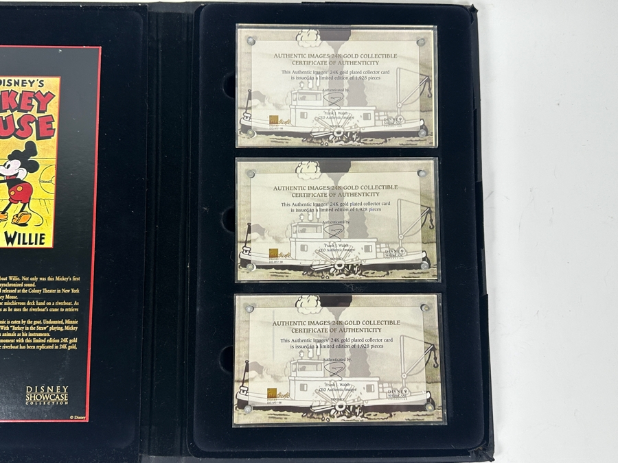 Disney Showcase Collection Authentic Images Limited Edition 24k Gold Plated Walt Disney's Mickey Mouse In Steamboat Willie Set Of Three Cards With Binder Estimate $400 [Photo 10]