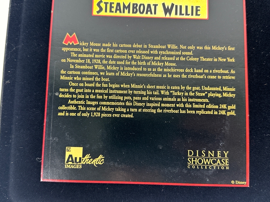 Disney Showcase Collection Authentic Images Limited Edition 24k Gold Plated Walt Disney's Mickey Mouse In Steamboat Willie Set Of Three Cards With Binder Estimate $400 [Photo 9]