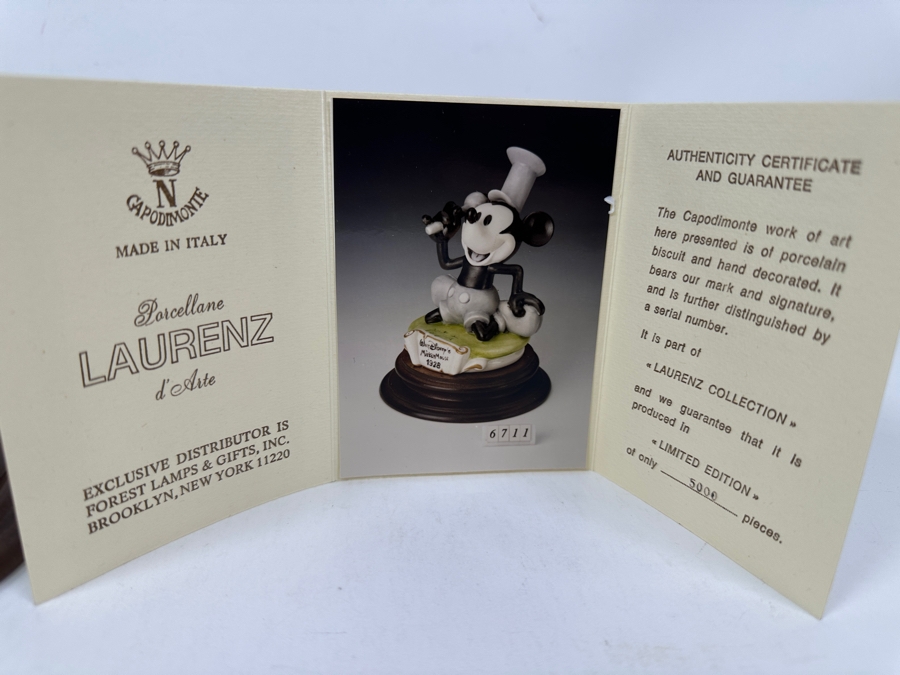 Limited Edition Porcellane D'Arte Italy Capodimonte Walt Disney's Mickey Mouse 1928 Steamboat Willie Figurine With Cert And Original Box 6H [Photo 14]