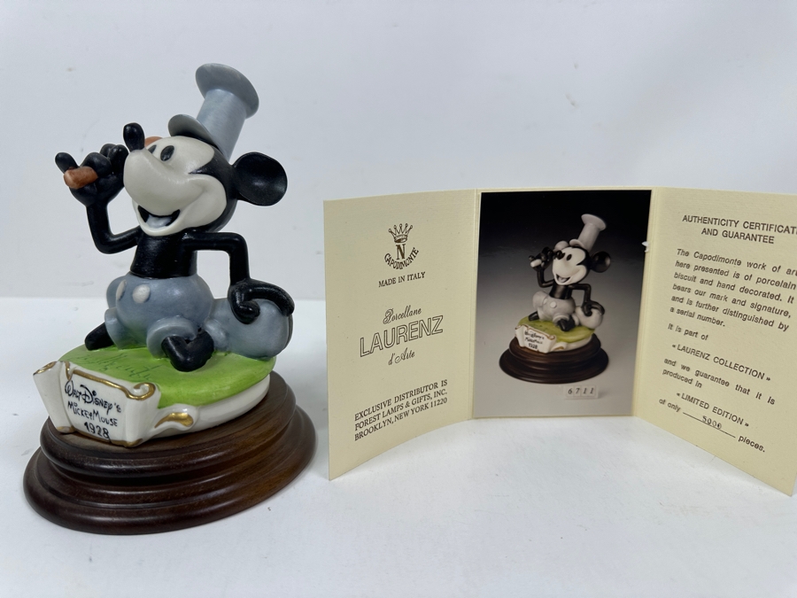 Limited Edition Porcellane D'Arte Italy Capodimonte Walt Disney's Mickey Mouse 1928 Steamboat Willie Figurine With Cert And Original Box 6H [Photo 13]