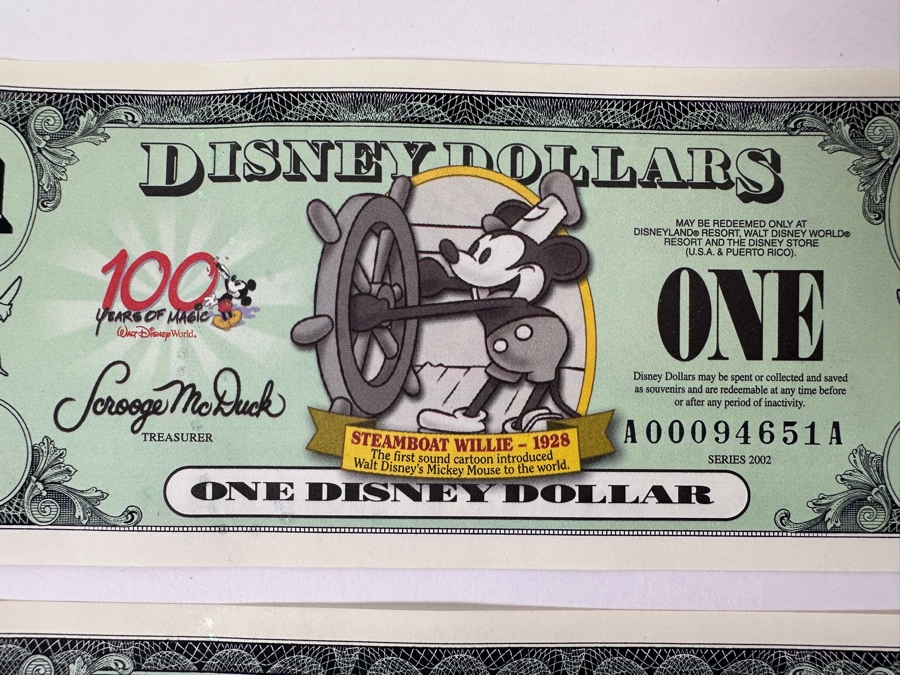(2) Vintage 2002 Steamboat Willie 1928 Mickey Mouse $1 Disney Dollars, (1) 2003 Goofy $5 Disney Dollar And (1) 2003 Mickey Mouse $1 Disney Dollar [Photo 3]