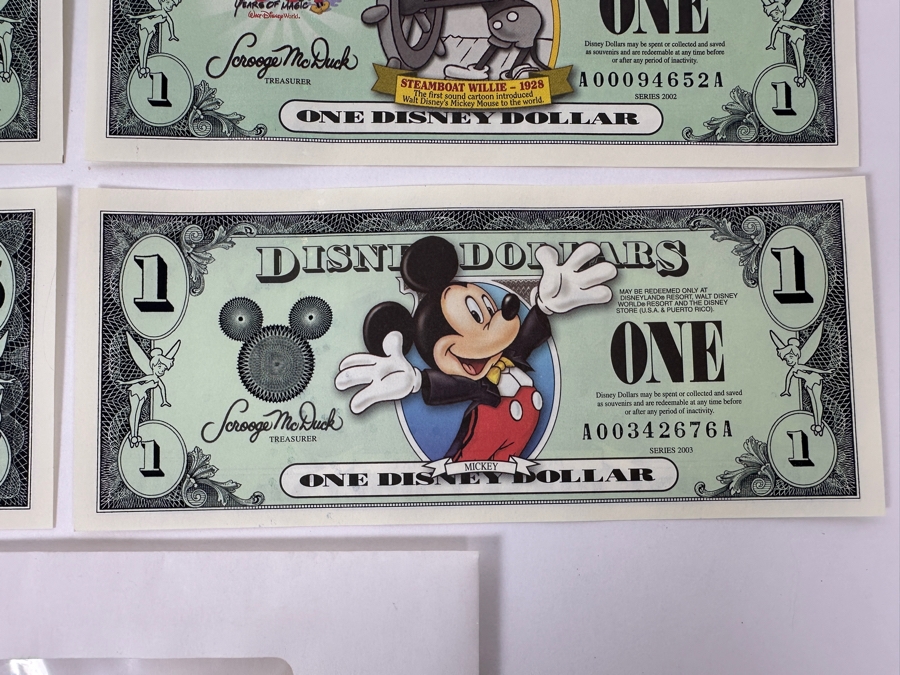 (2) Vintage 2002 Steamboat Willie 1928 Mickey Mouse $1 Disney Dollars, (1) 2003 Goofy $5 Disney Dollar And (1) 2003 Mickey Mouse $1 Disney Dollar [Photo 6]