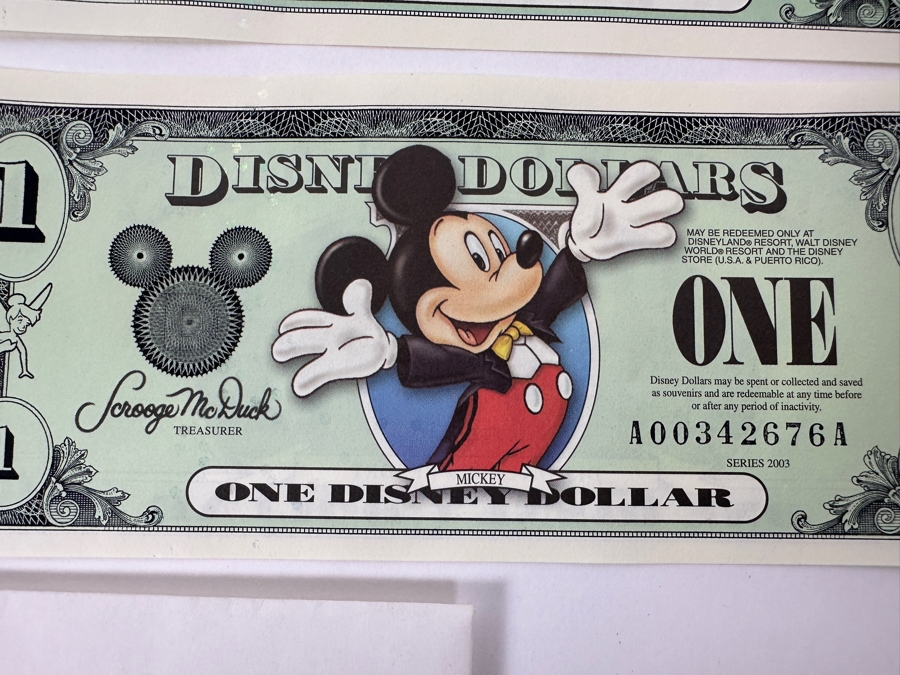 (2) Vintage 2002 Steamboat Willie 1928 Mickey Mouse $1 Disney Dollars, (1) 2003 Goofy $5 Disney Dollar And (1) 2003 Mickey Mouse $1 Disney Dollar [Photo 7]