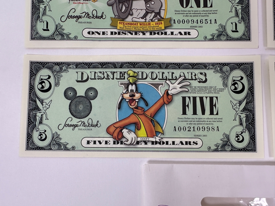 (2) Vintage 2002 Steamboat Willie 1928 Mickey Mouse $1 Disney Dollars, (1) 2003 Goofy $5 Disney Dollar And (1) 2003 Mickey Mouse $1 Disney Dollar [Photo 8]