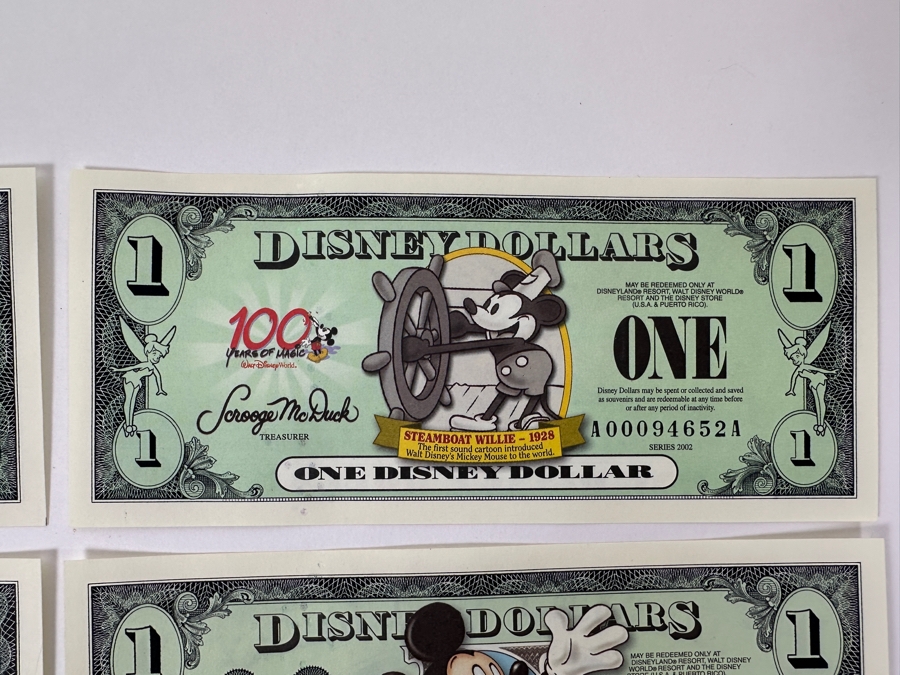 (2) Vintage 2002 Steamboat Willie 1928 Mickey Mouse $1 Disney Dollars, (1) 2003 Goofy $5 Disney Dollar And (1) 2003 Mickey Mouse $1 Disney Dollar [Photo 4]