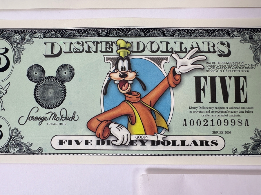 (2) Vintage 2002 Steamboat Willie 1928 Mickey Mouse $1 Disney Dollars, (1) 2003 Goofy $5 Disney Dollar And (1) 2003 Mickey Mouse $1 Disney Dollar [Photo 9]