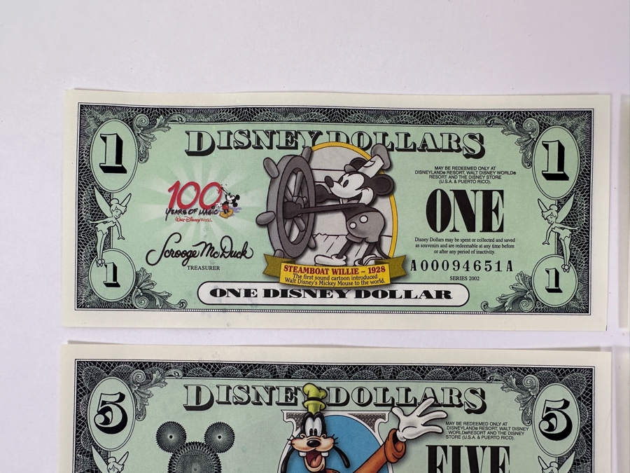 (2) Vintage 2002 Steamboat Willie 1928 Mickey Mouse $1 Disney Dollars, (1) 2003 Goofy $5 Disney Dollar And (1) 2003 Mickey Mouse $1 Disney Dollar [Photo 2]