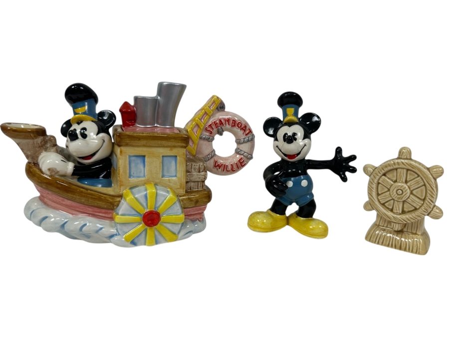 Enesco (1) Steamboat Willie Mini Teapot With Original Box & (1) Pair Of Steamboat Willie Salt & Pepper Shakers With Original Box