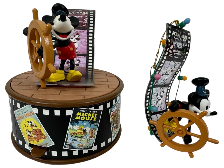 Enesco 'Steamboat Willie' Mini Action Musical Box With Original Box And Mickey At The Helm Steamboat Willie Ornament With Original Box