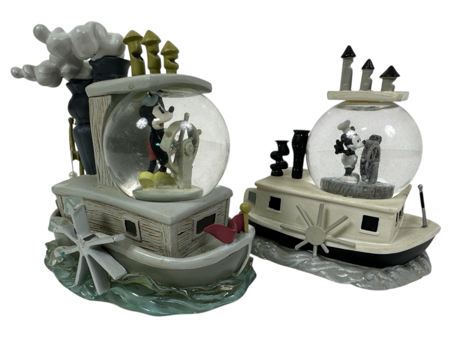 Pair Of Walt Disney's Mickey Mouse Steamboat Willie Snow Globes 3.5H & 4H