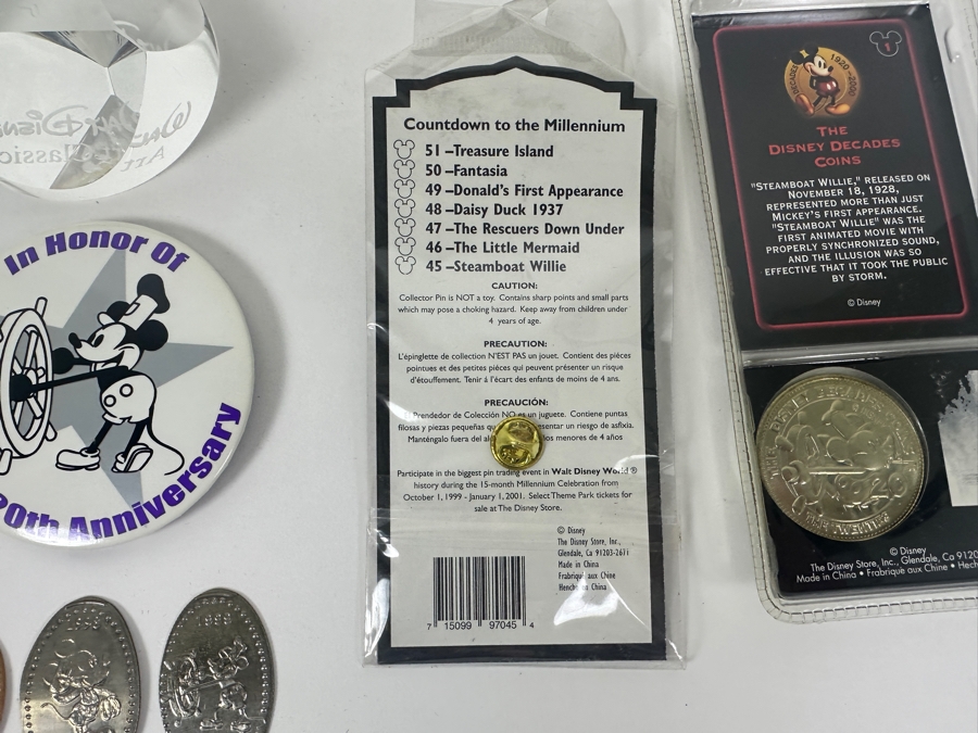 Mickey Mouse Steamboat Willie Collection: 2000 Millennium Trading Pin, Coin, Rolled Coins, Button, Paperweight, Walt Disney World Trading Pin & Bell [Photo 9]