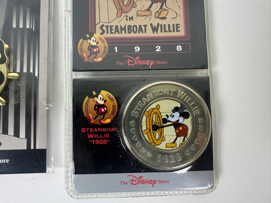 Mickey Mouse Steamboat Willie Collection: 2000 Millennium Trading Pin, Coin, Rolled Coins, Button, Paperweight, Walt Disney World Trading Pin & Bell [Photo 3]
