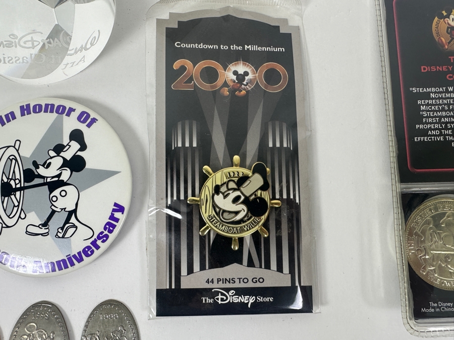 Mickey Mouse Steamboat Willie Collection: 2000 Millennium Trading Pin, Coin, Rolled Coins, Button, Paperweight, Walt Disney World Trading Pin & Bell [Photo 7]