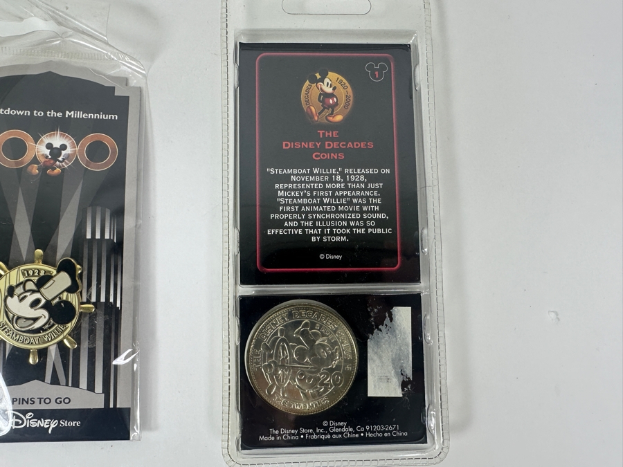Mickey Mouse Steamboat Willie Collection: 2000 Millennium Trading Pin, Coin, Rolled Coins, Button, Paperweight, Walt Disney World Trading Pin & Bell [Photo 4]