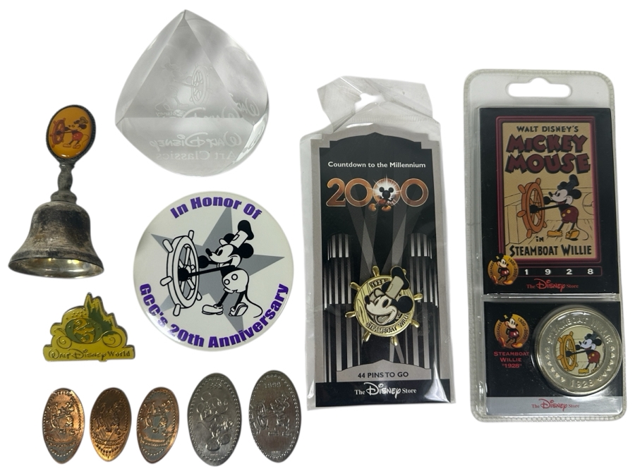 Mickey Mouse Steamboat Willie Collection: 2000 Millennium Trading Pin, Coin, Rolled Coins, Button, Paperweight, Walt Disney World Trading Pin & Bell