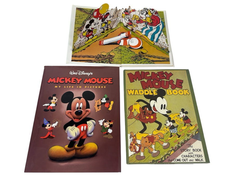 First Edition Walt Disney's Mickey Mouse My Life In Pictures Book, The 'Pop-up' Mickey Mouse Book And Mickey Mouse Waddle Book - The Story Book With Characters That Come Out And Walk First Printing Book