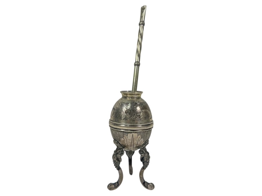 Vintage Argentine Gaucho Mate With .800 Silver Bombilla (Drinking Straw) - Straw Weighs 19.5g