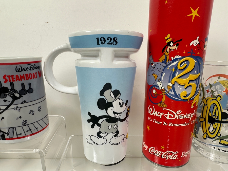 (9) Mickey Mouse Steamboat Willie Coffee Mugs, (1) Mickey Mouse Drinking Glass & (1) Walt Disney World 25 Years Coke Bottle [Photo 5]