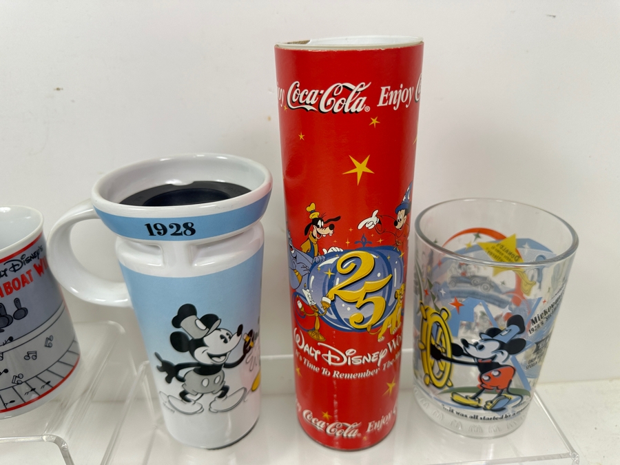 (9) Mickey Mouse Steamboat Willie Coffee Mugs, (1) Mickey Mouse Drinking Glass & (1) Walt Disney World 25 Years Coke Bottle [Photo 6]
