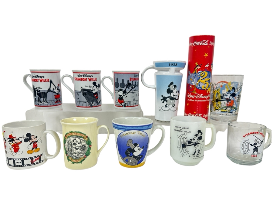 (9) Mickey Mouse Steamboat Willie Coffee Mugs, (1) Mickey Mouse Drinking Glass & (1) Walt Disney World 25 Years Coke Bottle