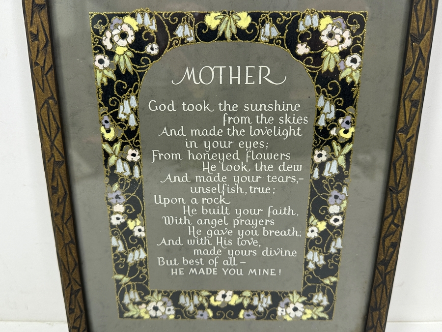 Vintage 1933 Framed 'Mother' Poem With Art Deco Graphics 9 X 11